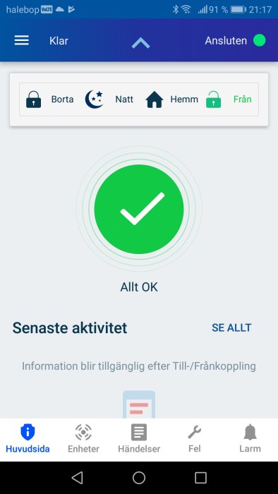 Skärmdump av en smart enhets användargränssnitt som visar statusen 'Ansluten' och 'Allt OK' med en grön bock-symbol.