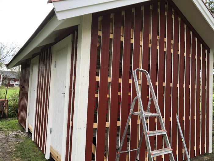 Obehandlad träpanel på husvägg under konstruktion med en stege framför, planer på avvattning och snedbotten till våren.