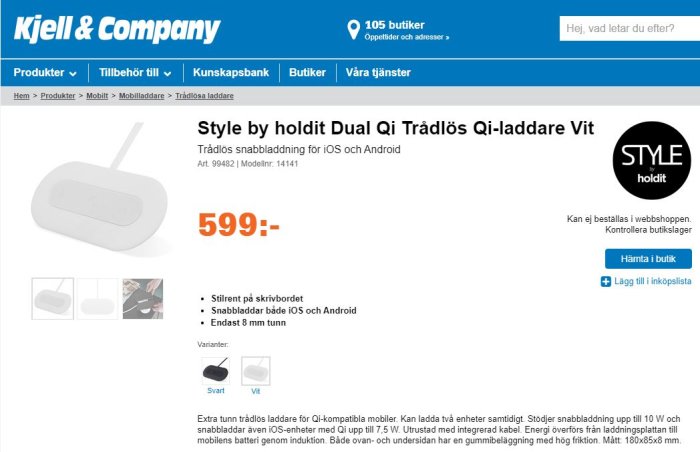 Produktbild på en vit trådlös Qi-laddare från Style by holdit, till salu för 599 kronor på Kjell & Companys webbsida.