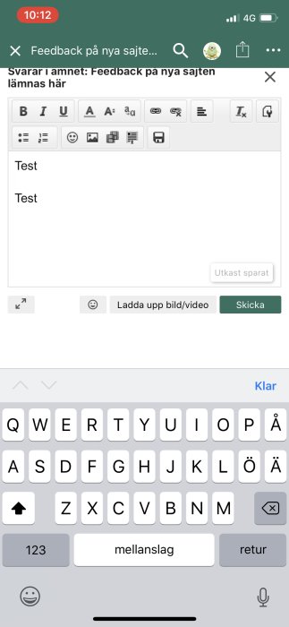 Skärmbild av ett diskussionsforums svarsfält med texten "Test Test" införd.