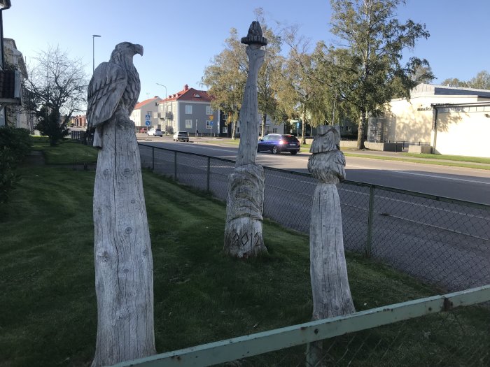 Träskulpturer av fåglar på pelare vid en gata med byggnader i bakgrunden.