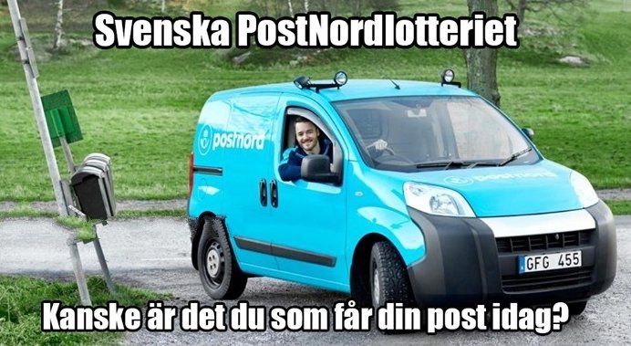 Blå PostNord-bil med leende bud som tittar ut, vid en brevlåda och text om postlott.