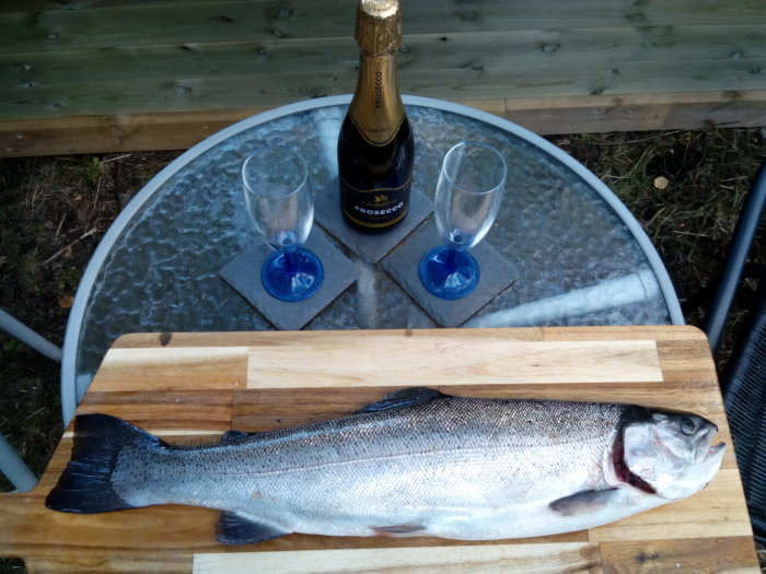 Flaska prosecco och två champagneglas på bord, bredvid en stor regnbågslax på en skärbräda, utomhus.