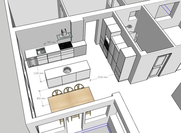 3D-ritning av kökslayout med mått, inkluderar köksö, bänkar, diskmaskin och matbord.