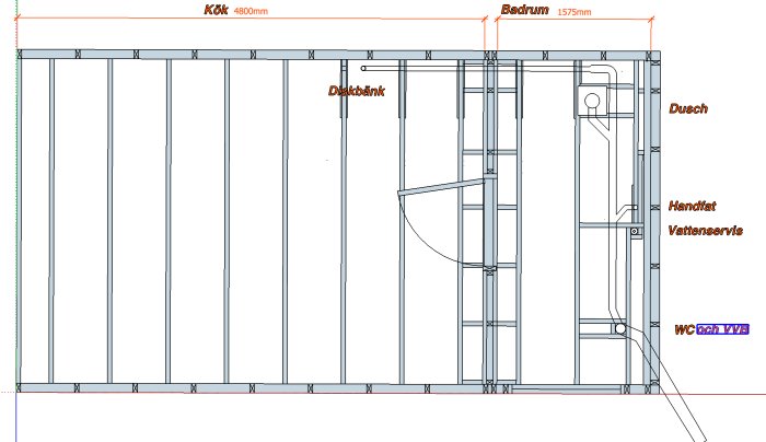 Ritning av VVS-installation i badrum med angivna platser för handfat, dusch och varmvattenberedare över WC.