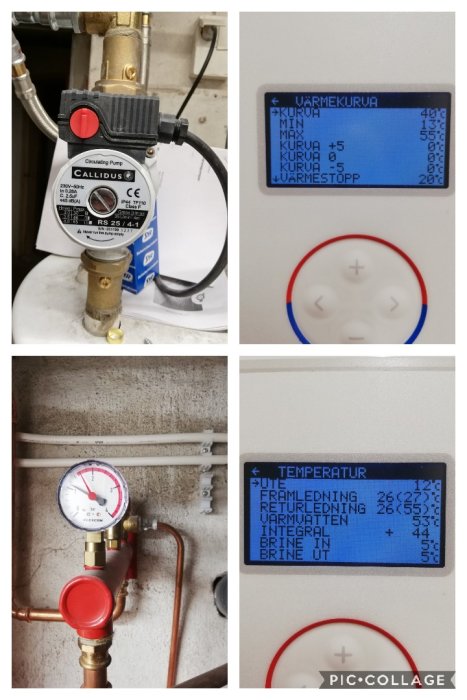 Collage av värmesystem med cirkulationspump, termostater och manometer som visar elementens status i en bostad.