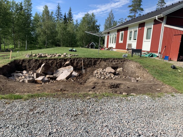 Grävd grop i trädgård med stenhög och spräckt sten, hus och ställning i bakgrunden.