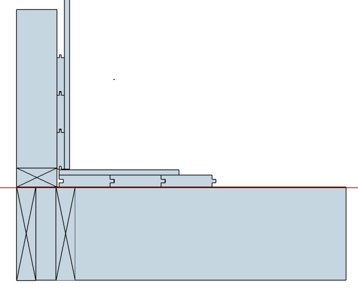 Schematisk ritning av golvkonstruktion med golvreglar och stödregel under hörn.