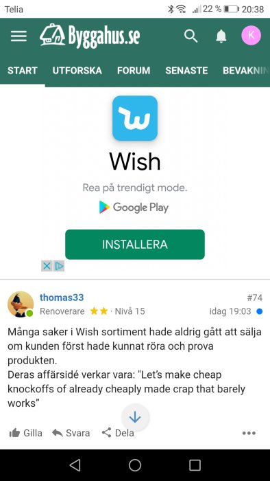 Skärmdump från diskussionsforum med användarkommentar och reklam för Wish-appen.