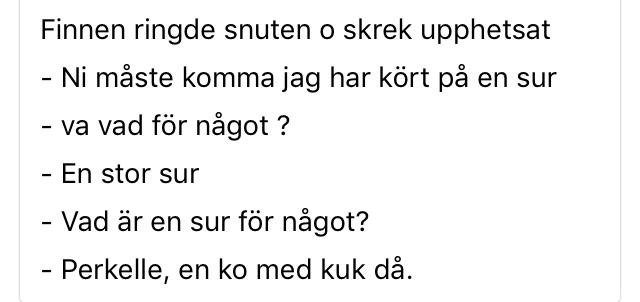 Textinlägg med dialog om en finne som ringer polisen om en incident med en ko.