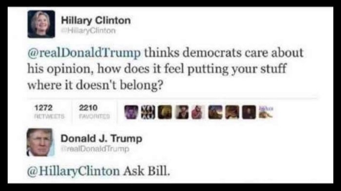 Skärmdump av en Twitter-konversation mellan användarna "Hillary Clinton" och "Donald J. Trump".