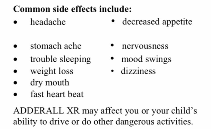 Lista över vanliga biverkningar av ADDERALL XR, inklusive huvudvärk och minskad aptit.
