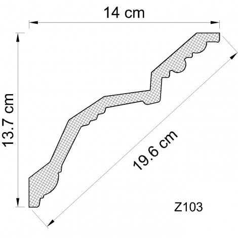 Teknisk ritning av en dekorativ list med dimensioner 14 cm, 13.7 cm, 19.6 cm och beteckningen Z103.