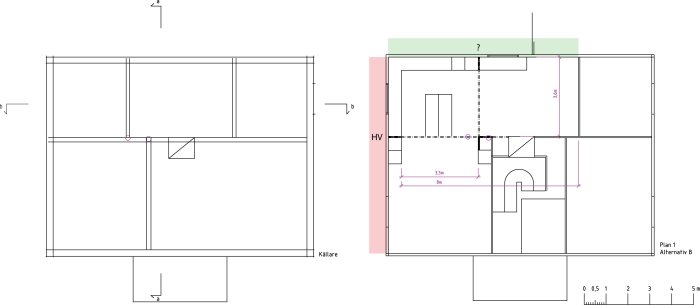 Arkitektritningar över en husgrund och ett plan med mått, hjärtvägg markerad HV och en vägg med frågetecken.