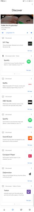 Skärmdump av en smartphone med Chromecast-appar som SVT Play, Spotify och Netflix listade för casting.