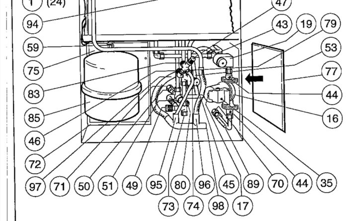 Schematisk ritning av en Nibe Fighter 301 frånluftsvärmepump med markerad del för expansionskärl.