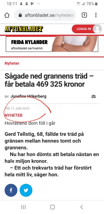 Skärmbild av en nyhetsartikel om en dom för träd som fällts olagligt och skadeståndskrav.