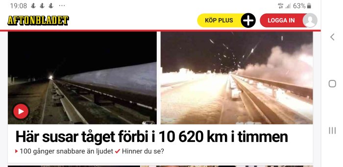 Skärmdump av en artikel från Aftonbladet med rubriken om ett tåg som påstås färdas snabbare än ljudet.