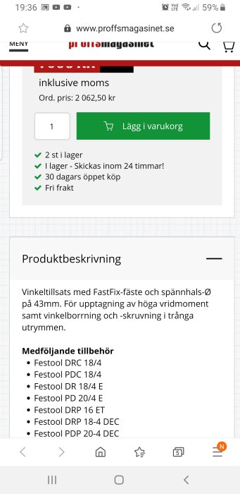 Skärmdump från webbutik visar vinkelväxel med prisinformation och en lång lista över medföljande tillbehör.