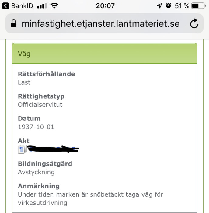 Skärmdump från Lantmäteriets webbplats visar detaljer om ett officialservitut för en väg.