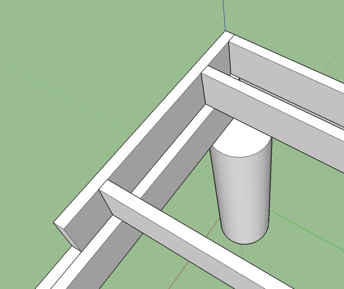 3D-modell av en plintgrund med dubbla bärlinor och föreslagen infästning för bjälklag.