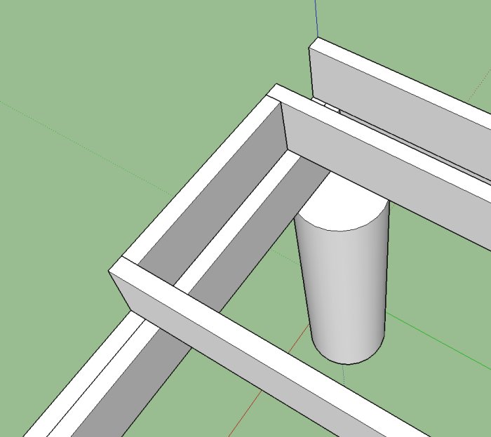 3D-modell av träbjälklag med dubbla bärlinor och infogade regelstumpar för plintgrund.