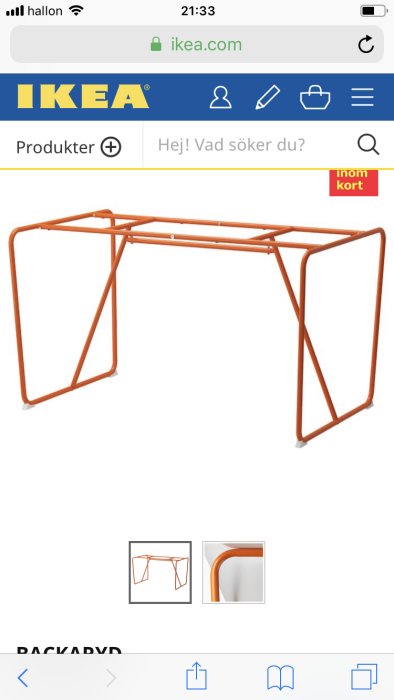 Skärmbild av IKEA-produktsida som visar en orange metallram till ett bord.