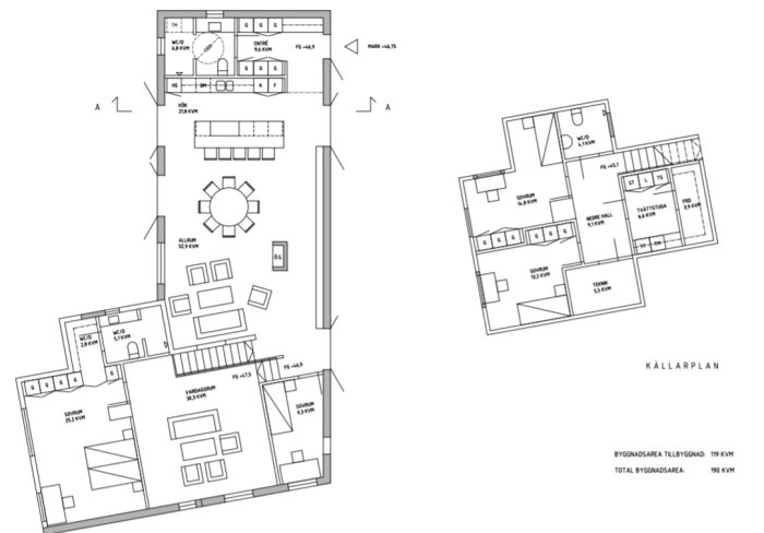 Arkitektritning av en tillbyggnad med planlösning för både bottenvåning och källare.