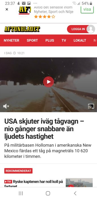 Skärmdump från Aftonbladet med rubrik om USA:s hastighetstest av tågvagn på militärbas.