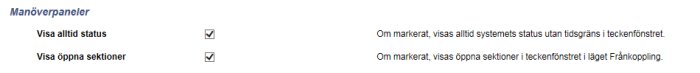 Skärmdump av inställningsmeny med kryssrutor för 'Visa alltid status' och 'Visa öppna sektioner'.