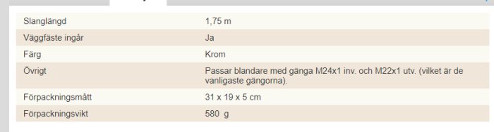 Skärmdump av produktinformation som listar egenskaper av en slang, inklusive längd, färg och gängstorlek.