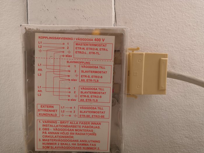 Schema för kopplingsanvisning i väggdosa för termostat med påkopplad elkabel.