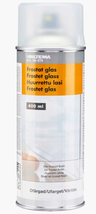 Burk med frostfärg för glas märkt "Biltema", 400 ml, använd för att ge en frostat utseende till glas.