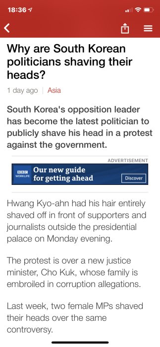 Skärmdump av en BBC nyhetsartikel med rubriken "Why are South Korean politicians shaving their heads?