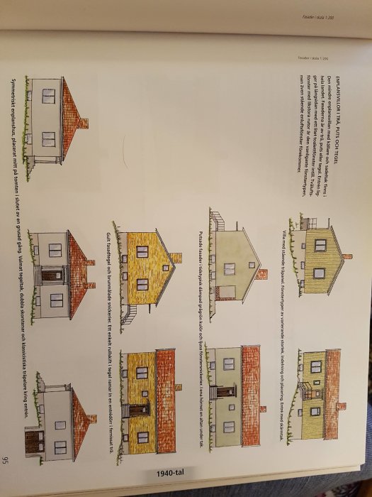 Illustrationssida ur bok som visar olika fasadtyper från 1940-talet i skala 1:200.