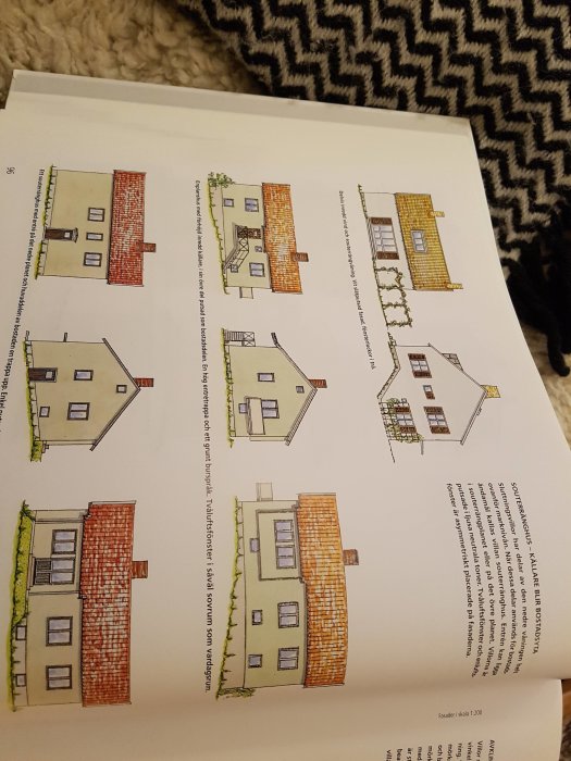 Sida ur bok med illustrationer av olika husfasader i färg som inspiration för byggprojekt.