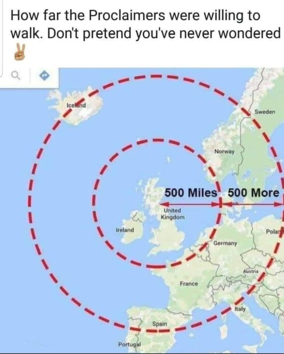 Karta över Europa med röd streckad cirkel och texten "500 Miles 500 More" som skämt om The Proclaimers låt.