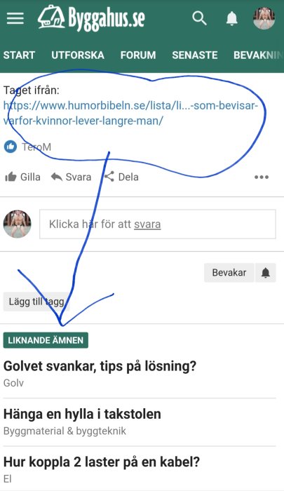 Skärmdump av forumdiskussion på Byggahus.se med en användares markerad humoristisk länk.