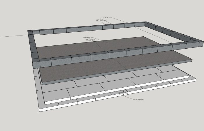3D-ritning av en byggstruktur som visar grunden för ett förråd med måttangivelser.