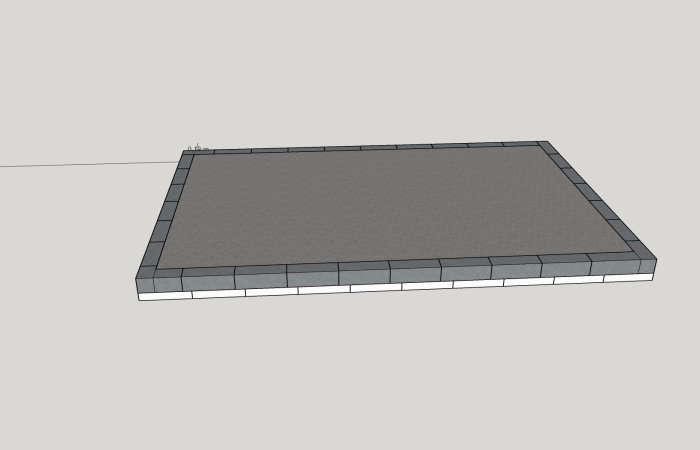 Skiss av ett betonggrått plattfundament omgivet av gråa kantblock för ett enkelt förråd eller verkstad.
