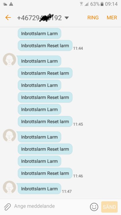 Skärmdump av SMS-konversation med upprepade larmmeddelanden från inbrottslarm.