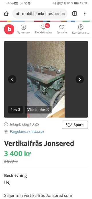 Vertikalfräs Jonsered till salu med justerbara handtag och sugrör mot en OSB-vägg.