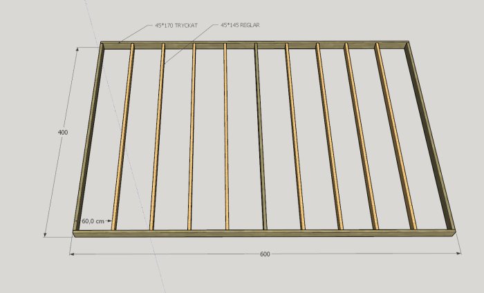 3D-modell av trästomme för byggkonstruktion med angivna mått och reglar.