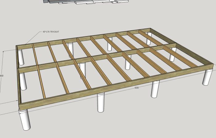 3D-modell av en träbaserad plattform eller grundstruktur med måttangivelser.