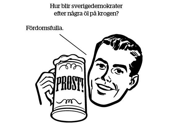 Illustration av en leende man som håller i en ölsejdel med texten "PROST!", ovanför en textskämt.