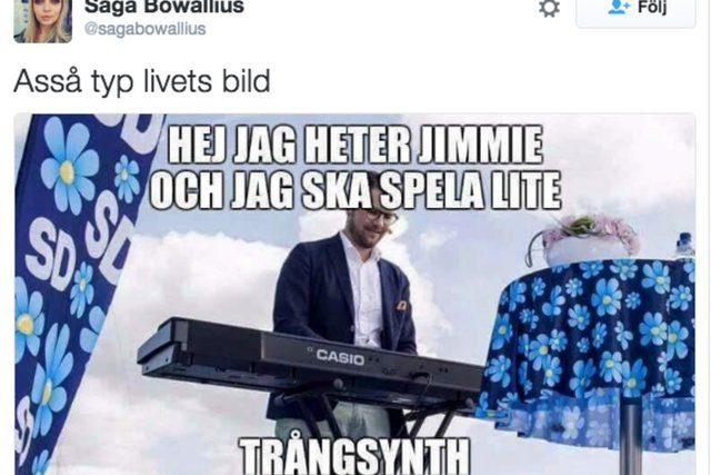 Meme med person vid ett Casio-keyboard och texten "Hej jag heter Jimmie och jag ska spela lite trångsynth".