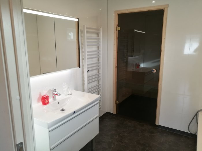 Nyligen renoverat badrum med vit handfatsskåp, spegelskåp och duschrum synligt genom öppen dörr.