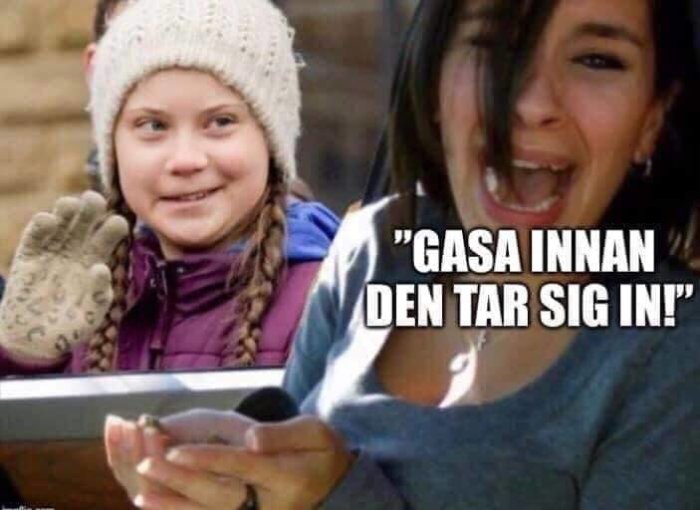 Två personer, en ler och vinkar, den andra gråter dramatiskt, med texten "gåsa innan den tar sig in".