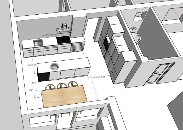 3D-skiss av kökslayout med måttangivelser, köksö med vask och matbord.