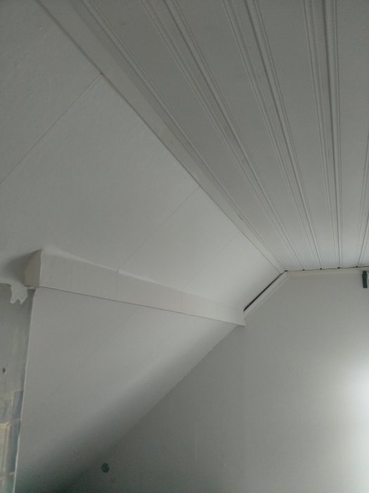 Tak med panel och en plywoodlist på en vägg i ett rum som ska renoveras.